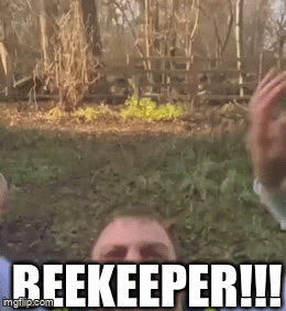 Man celebrating and jumping gif captioned 'BEEKEEPER!!!'.