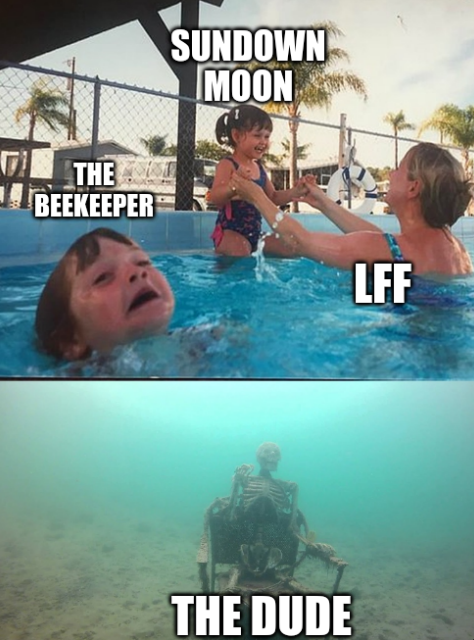 Mother ignoring drowning child meme: The Beekeeper is saved while The Dude sinks.